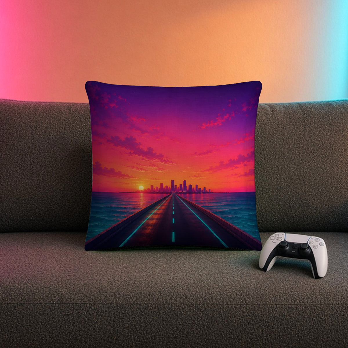 Coussin Horizon Néon — Coussin 46×46 cm – mise en situation