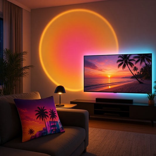Coussin, Lampe Coucher de Soleil (grand halo) et LED Synchronisée