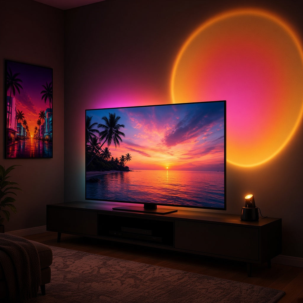 Poster, Lampe Coucher de Soleil (grand halo) et LED Synchronisée