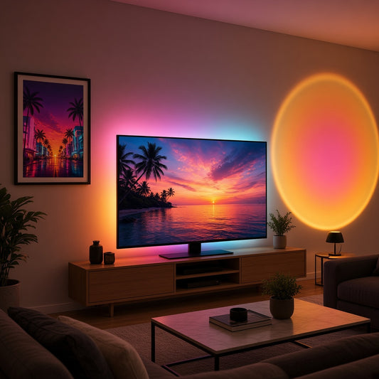 Tableau encadré, Lampe Coucher de Soleil (grand halo) et LED Synchronisée